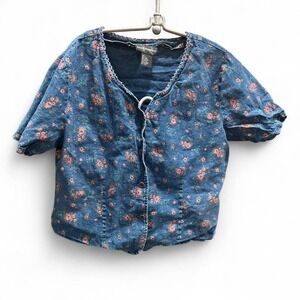 Women's retro 90s denim button up floral croppy by Requirements size L (L5)
